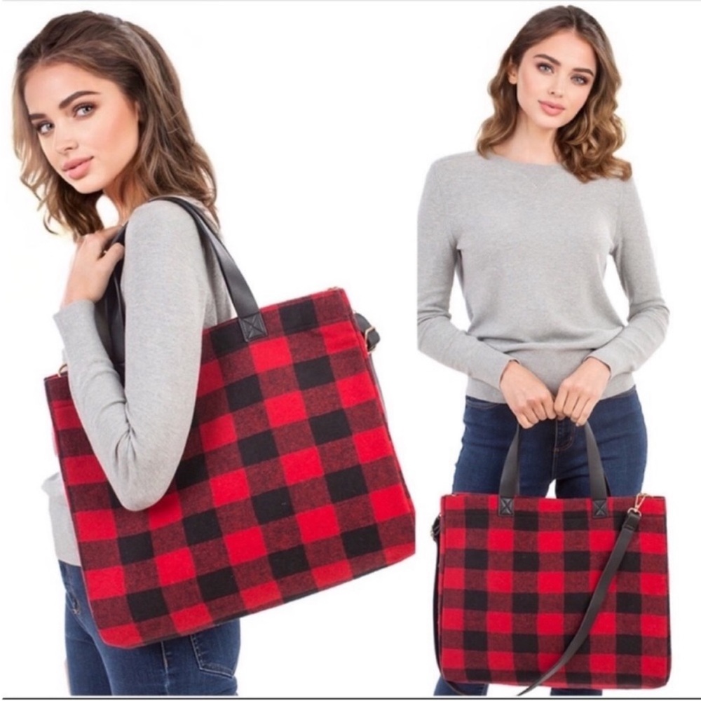 Black and Red Plaid Tote with Crossbody Strap